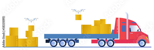 Logistics truck concept. Vehicle with cardboard boxes. Drones pick up goods. Trade and economy, globalization. Transportation of parcels and fast home delivery. Cartoon flat vector illustration
