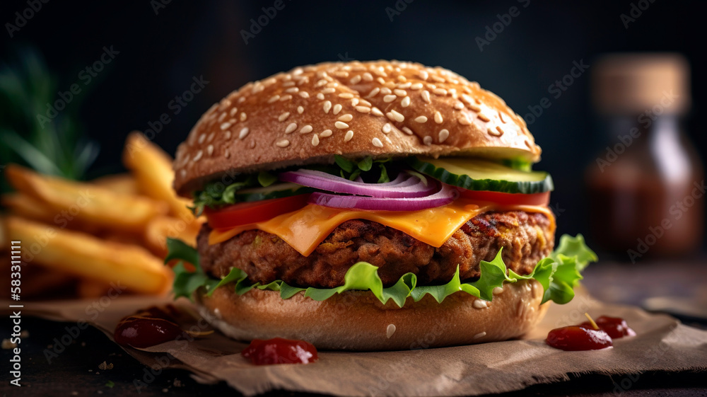Hearty and Satisfying Burger with All the Fixings, Served with Golden French Fries Hearty and Satisfying Burger with All the Fixings, Served with Golden French Fries