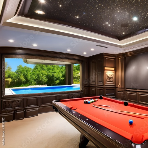 A home theater that doubles as a game room, with a pool table and a large television1, Generative AI photo