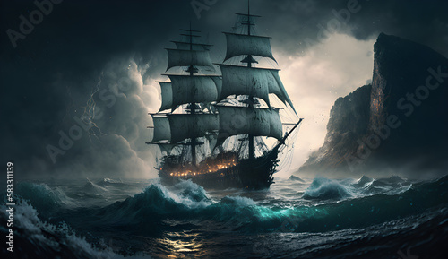pirate ship at sea, pirate ship with sunset in the background, ship at rough sea
