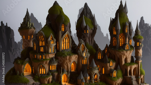 Illustration of a Gothic style village combined with the rocky terrain and moss vegetation - AI Generated