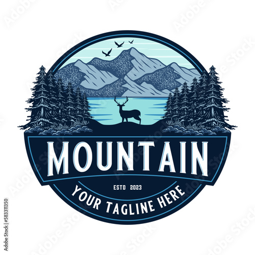 mountain vector logo design. illustration of mountains and pine trees. for travel, hiking and outdoor activities