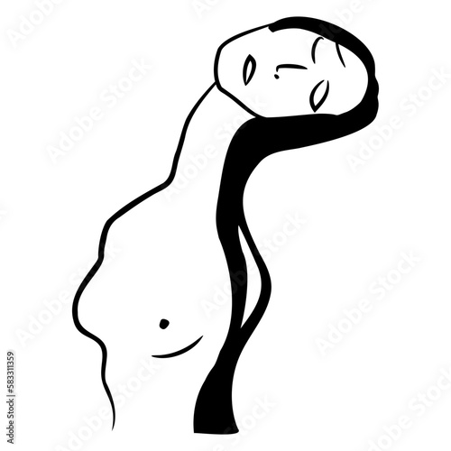 Pretty naked girl with closed eyes and loose hair. Dreaming lady. Black and white silhouette.