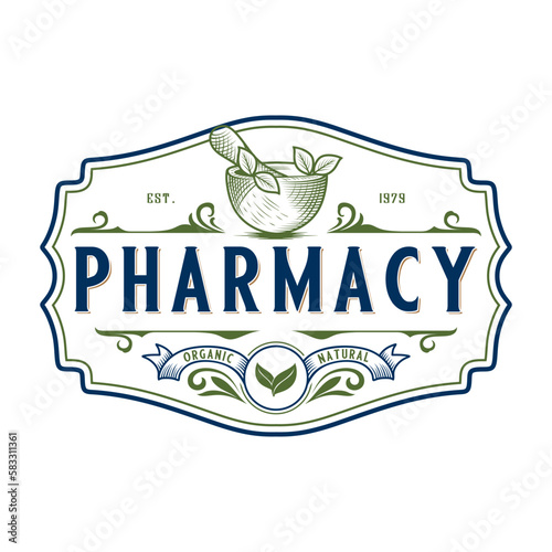 pharmacy vintage vector logo. illustration of herbal leaves of mortar and pestle for pharmacies, medicine and herbal shops.
