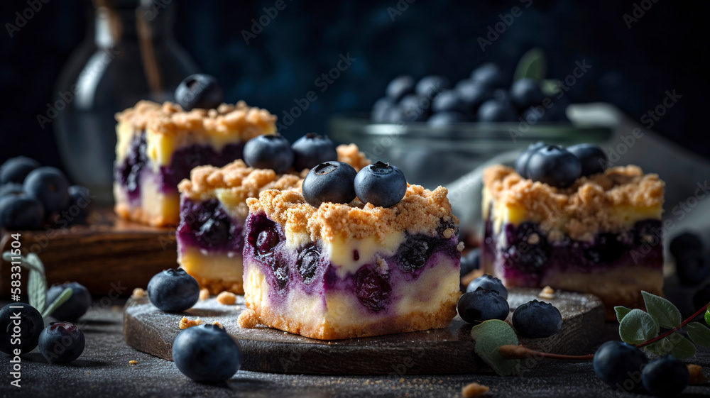 Baked Goods Perfection: Crumbly Cheesecake Bars with Fresh Blueberries and Decadent Filling