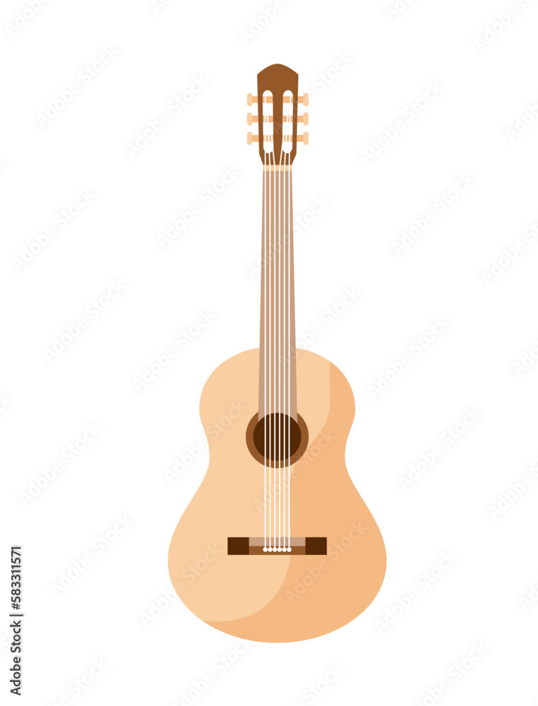 Obraz premium Acoustic guitar concept. Melody and song, string musical instrument for performance. Concert and show, traditional. Template, layout and mock up. Cartoon flat vector illustration