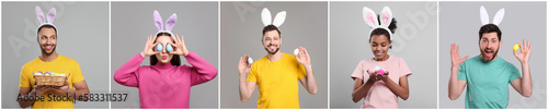 Photography Photos of people with Easter eggs and bunny ears headbands on light grey background
