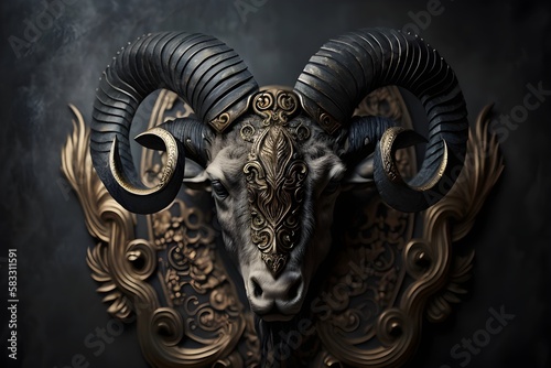a picture of aries portrait  zodiac sign  gold and black  decorated with gothic lace and precious stones  fantasy generated in artificial intelligence