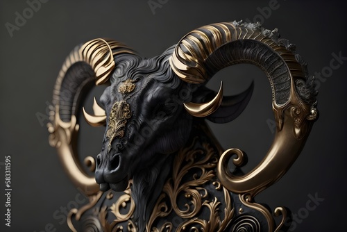 a picture of aries portrait, zodiac sign, gold and black, decorated with gothic lace and precious stones, fantasy generated in artificial intelligence