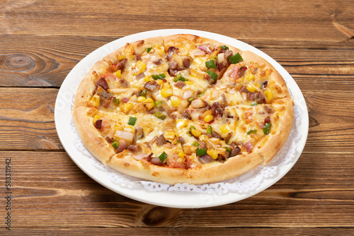 angle view fresh pizza with BBQ pork toppings