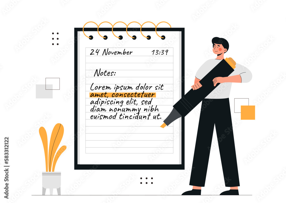 Man with notebook. Young guy underlines line with marker in to do list. Goal setting and motivation, notes. Time management and organization of efficient workflow. Cartoon flat vector illustration Man with notebook. Young guy underlines line with marker in to do list. Goal setting and motivation, notes. Time management and organization of efficient workflow. Cartoon flat vector illustration
