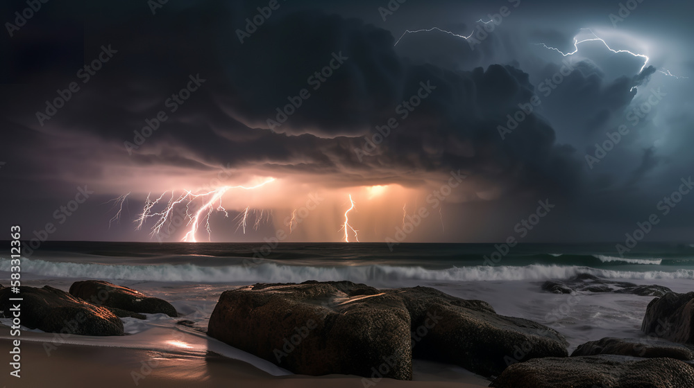 Thunderstorm. Lightning strikes at sea Thunderstorm. Lightning strikes at sea