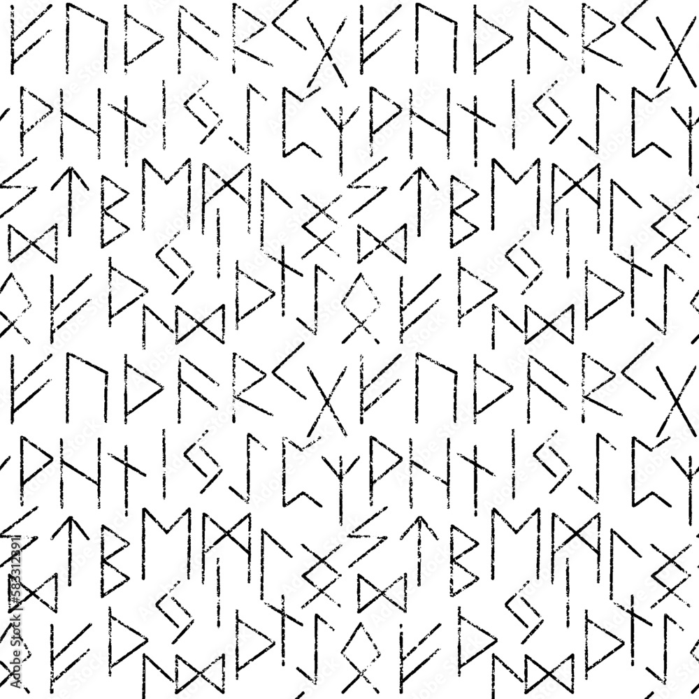 Magic symbols seamless pattern, black on white signs - Archaic gothic folk art. Ethnic background. Magic and magical art. Pagan signs. 