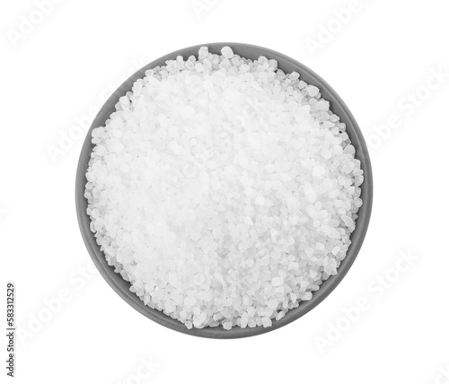 Natural sea salt in grey bowl isolated on white, top view