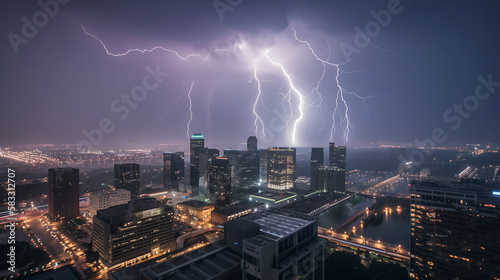 Thunderstorm. Lightning strikes in the city