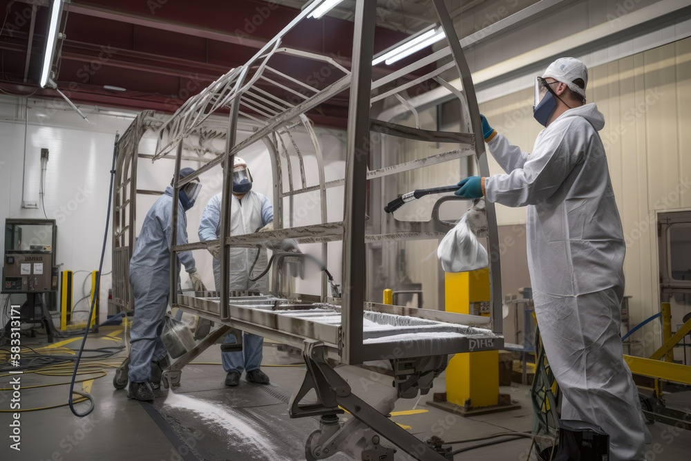 A Group of Workers Applying Paint on a Metal Structure in a Manufacturing Plant, generative ai