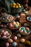 Easter eggs are scattered on the table with easter treats