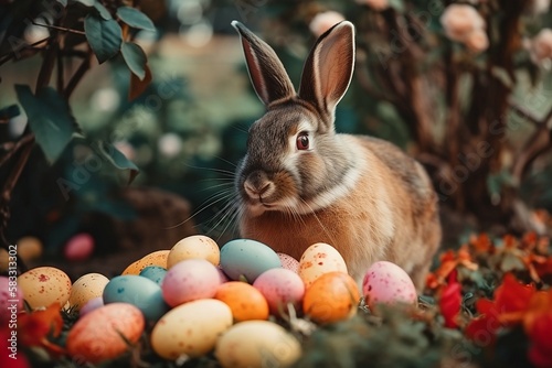 Easter bunny with Easter eggs in the forest