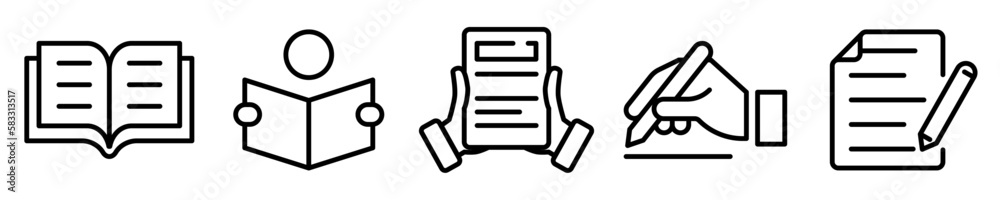 Conjunto de iconos de lectura y escritura. Concepto de leer y escribir. Libro. Ilustración vectorial