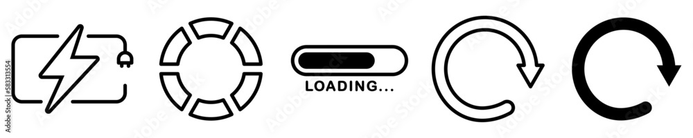 Conjunto de iconos de cargando y actualización. Progreso de carga, batería, actualizar, recargar página. Ilustración vectorial Conjunto de iconos de cargando y actualización. Progreso de carga, batería, actualizar, recargar página. Ilustración vectorial