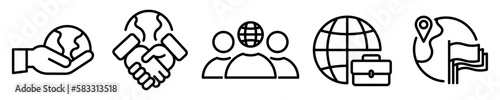 Conjunto de iconos de relaciones internacionales. Política, economía y cultural. Concepto de sistema internacional Ilustración vectorial
