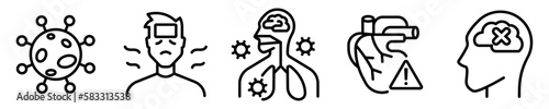 Conjunto de iconos de virus y enfermedades. Virus, persona enferma, contaminación del organismo, enfermedad al corazón, problemas mentales. Ilustración vectorial