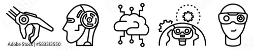 Conjunto de iconos de inteligencia artificial. Robot, mente cibernética, mundo tecnológico, humanoide. Concepto de resolver problemas. Ilustración vectorial