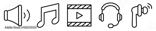Conjunto de iconos de audio y video. Concepto de multimedia. Dispositivos tecnológicos de audio y video. Volumen, música. Ilustración vectorial
