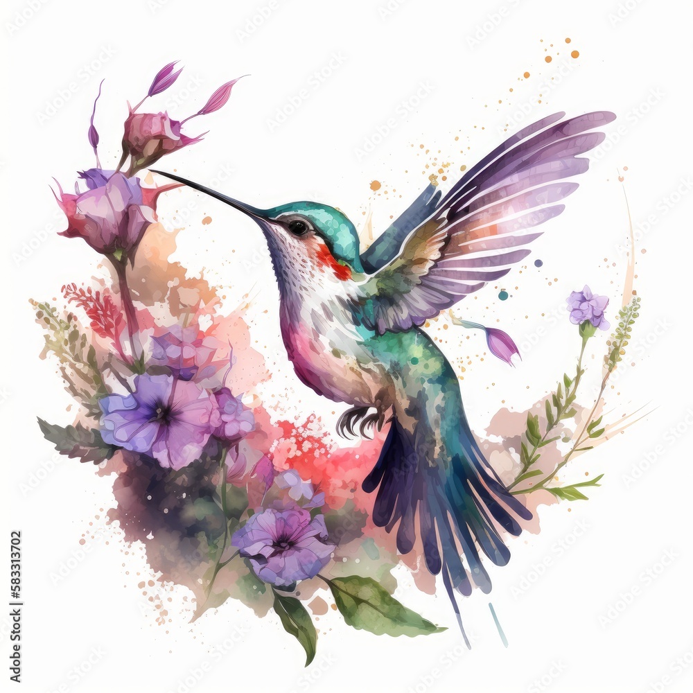 Obraz premium watercolor hummingbird flying and flowers, generative ai 