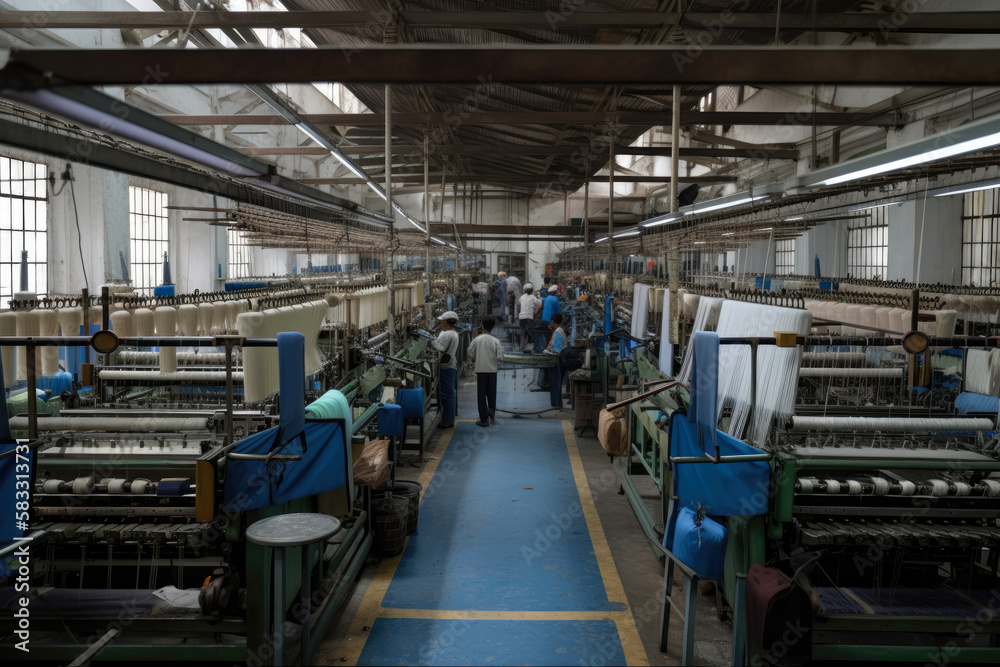 A textile weaving factory with workers operating looms to produce woven fabrics and textiles, generative ai