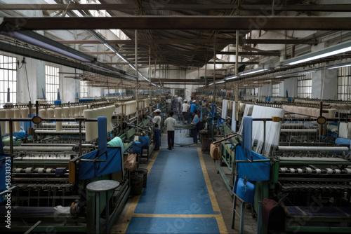 A textile weaving factory with workers operating looms to produce woven fabrics and textiles, generative ai © aicandy