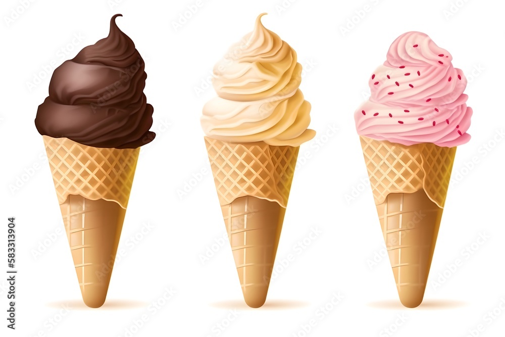 Set of ice cream of different flavors in cones, isolated on white background, generative ai