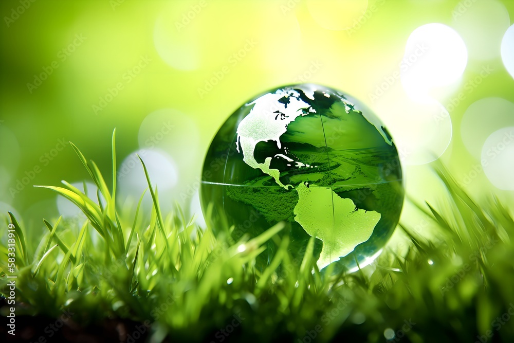 Concept Earth day, green planet in the grass, generative ai illustration Concept Earth day, green planet in the grass, generative ai illustration