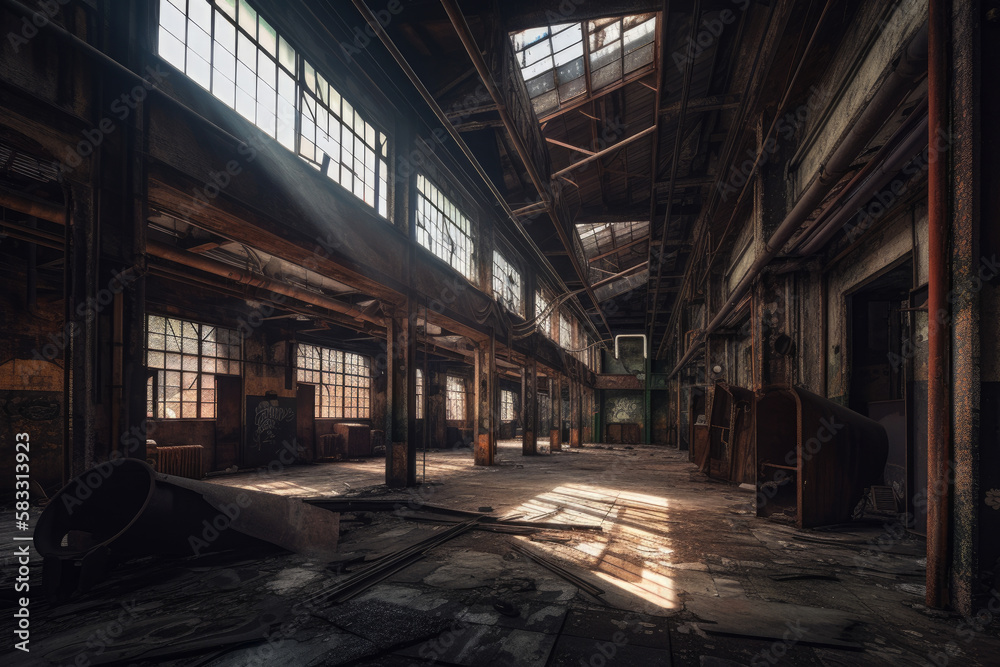 Abandoned industrial factory with broken windows and rusty machinery in a desolate landscape