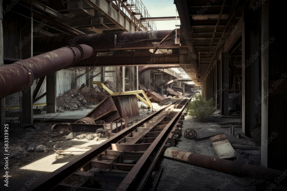 Abandoned Industrial Site with Conveyor Belts and Rusty Machinery, generative ai Abandoned Industrial Site with Conveyor Belts and Rusty Machinery, generative ai