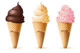 Set of ice cream of different flavors in cones, isolated on white background, generative ai