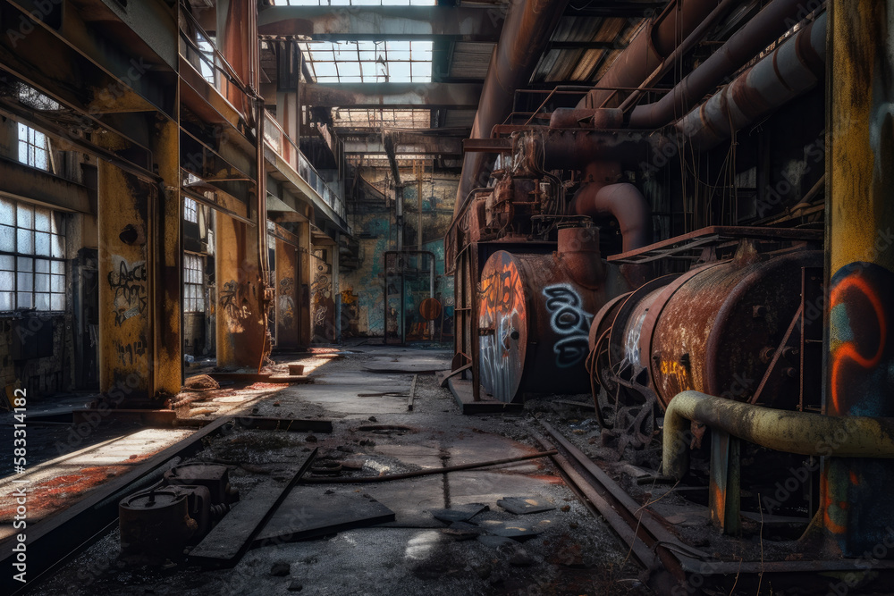 An industrial wasteland with rusted machinery, broken concrete, and graffiti-covered walls, generative ai