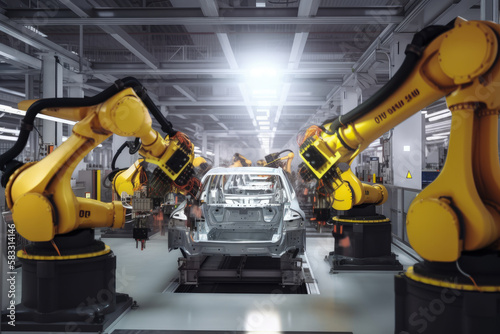Assembly line in a modern car factory with robots and workers assembling vehicles, conveyor belts moving car parts, bright lights overhead, generative ai
