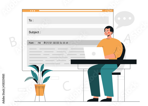 Man editing text. Guy sits at laptop and writes letter, email and business correspondence. Proofreader and editor at workplace, freelancer and remote employee. Cartoon flat vector illustration photo