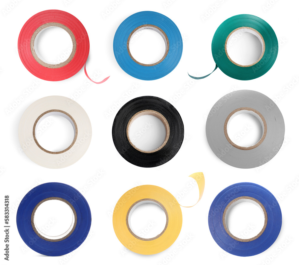 Set with insulating tapes in different colors on white background, top view Set with insulating tapes in different colors on white background, top view