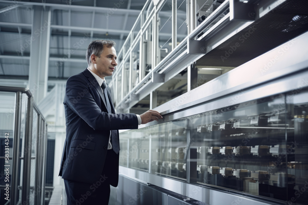 Businessman in a suit leaning on a railing, observing the automated machines at work in a high-tech industrial facility, generative ai Businessman in a suit leaning on a railing, observing the automated machines at work in a high-tech industrial facility, generative ai
