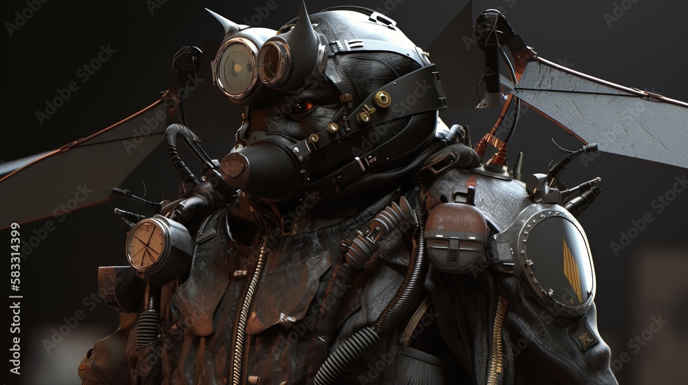 Bat Atompunk is a futuristic with a steam-powered jetpack, digital art illustration, Generative AI Bat Atompunk is a futuristic with a steam-powered jetpack, digital art illustration, Generative AI