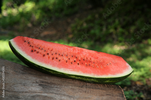 Slice of delicious ripe watermelon on log outdoors