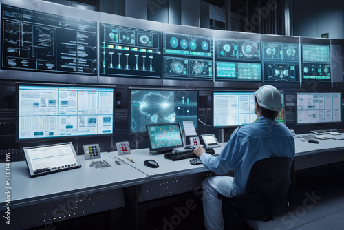 Busy scene inside a chemical industry plant control room, with workers in work clothes monitoring screens and adjusting dials on a large console, generative ai photo