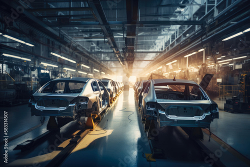 car manufacturing plant during a shift change, with warm light creating a sense of camaraderie, generative ai