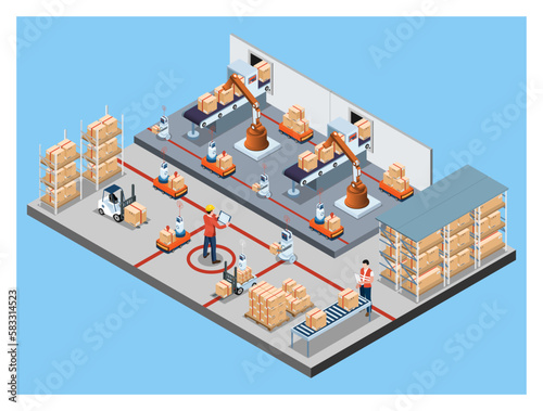 3D isometric automated warehouse robots and Smart warehouse technology Concept with Warehouse Automation System and Robot Transportation operation service. Vector illustration EPS 10