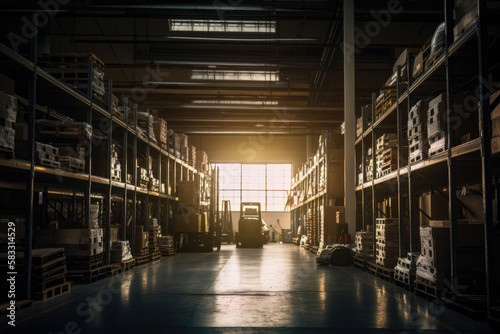 Car manufacturing plant warehouse filled with stacks of car parts, illuminated by warm light filtering through windows, generative ai