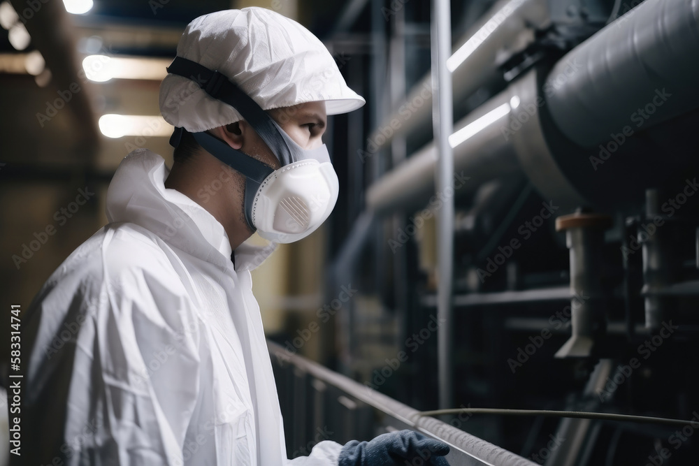 Close-up of a sugar factory worker in safety gear, inspecting the production process and maintaining equipment, generative ai