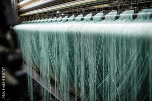 Close-up of fiberglass strands being woven together on a high-speed loom in a production facility, generative ai photo