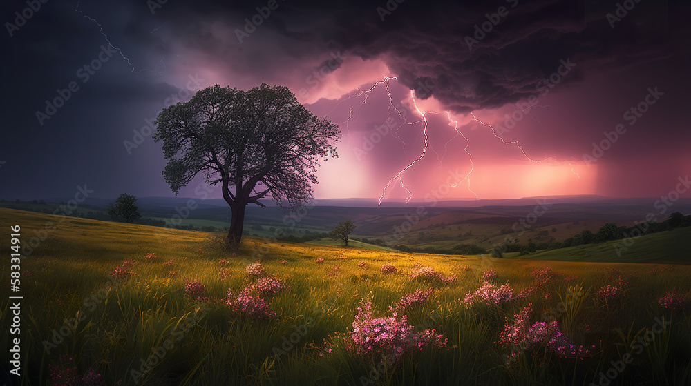 Fototapeta premium Thunderstorm. Lightning strikes in a rural area.